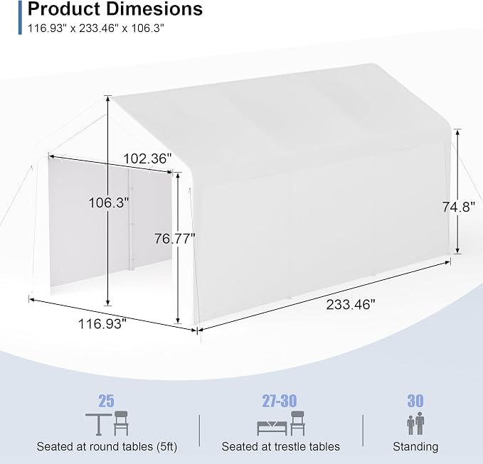 Carport 10x20 Heavy Duty Portable Garage w/Removable Sidewalls & Roll-Up Door - Image 5