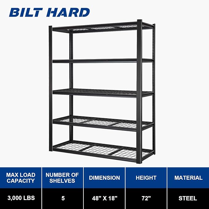 BILT HARD 48" W Garage Shelving 3000 LBS, 5-Tier Industrial Heavy Duty Storage - Image 2