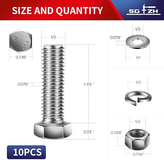 1/2-13 x 1-1/2" Hex Head Screw Bolt, Flat & Lock Washers, Fully Threaded - Image 2
