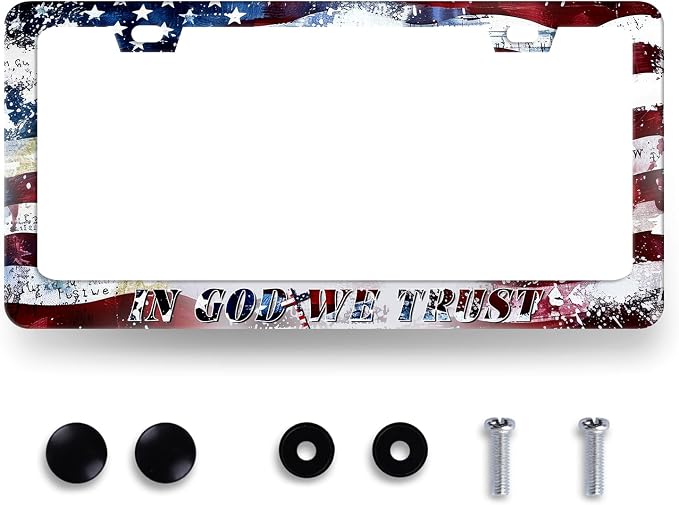 in God We Trust License Plate Frame Cross American Flag License Plate Stainless by MUAWUOIK