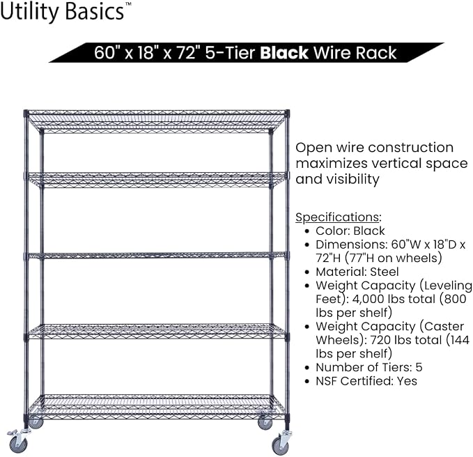 60"x18"x72" Black 5-Tier Premium Wire Shelving NSF 4000 LBS MAX Capacity Heavy - Image 5