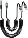 iPhone Charger Cable for Car, Coiled Lightning Cable 2 Pack Lightning Cord by KIYODA