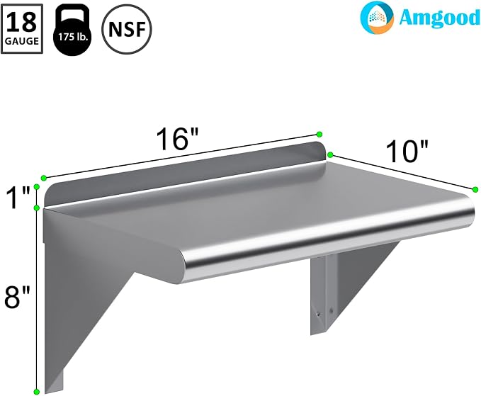 AmGood 10" X 16" Stainless Steel Wall Shelf | Metal Shelving | Garage, Utility - Image 3