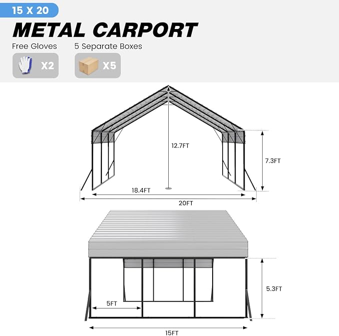 20'x15'x12.7' Heavy Duty Metal Carport, Steel Carports Canopy - Image 7