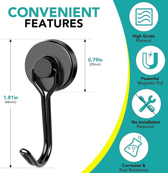 DIYMAG Black Magnetic Hooks, 80LBS Strong Magnetics Heavy Duty, Magnet Hook - Image 2