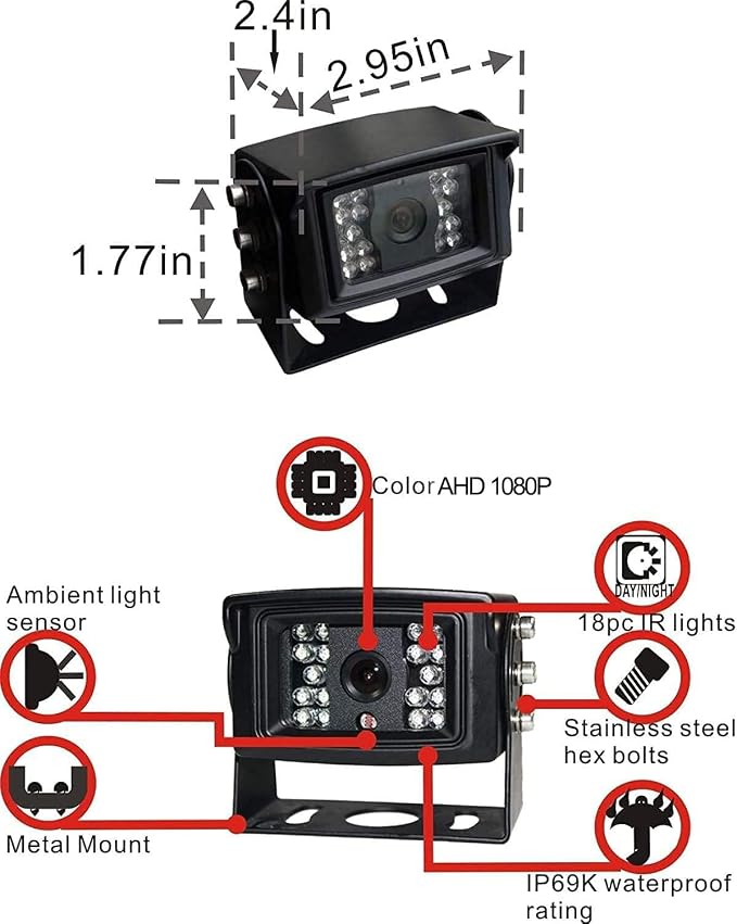 AHD 1080P 7" Reverse Rear View Backup Camera System, Camera - Image 5