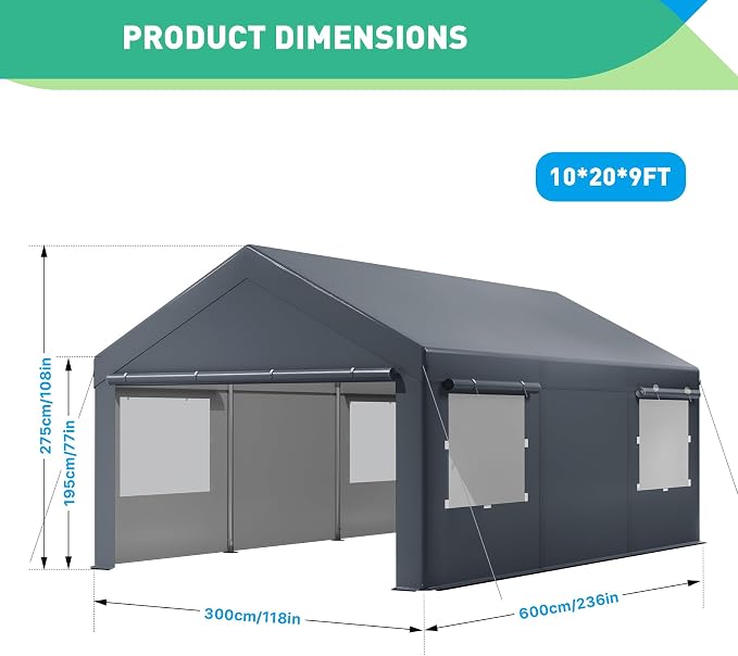 10X20 Ft Heavy Duty Carport Canopy, Portable Garage, Car Tents, Reinforced - Image 2