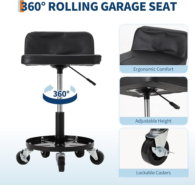 Garage Stool, 16”-21” Adjustable Rolling Mechanic Stool - Image 3