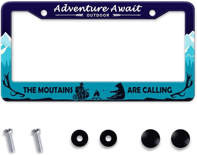 Adventure Await License Plate Frame, Mountains Forest Bear Outdoor License by MIXWIT