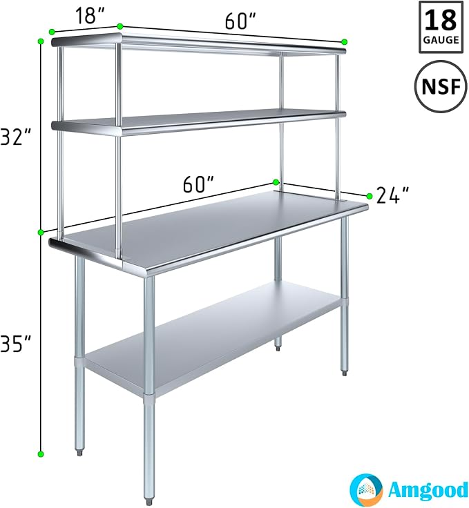 Amgood Stainless Steel Work Table Double Tier Overshelf | Metal Kitchen Prep - Image 3