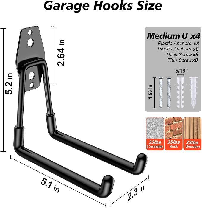 4 Pack 5.2x5.1 inch U Heavy Duty Garage Hooks, Solid Steel Wall Mount Hangers - Image 2
