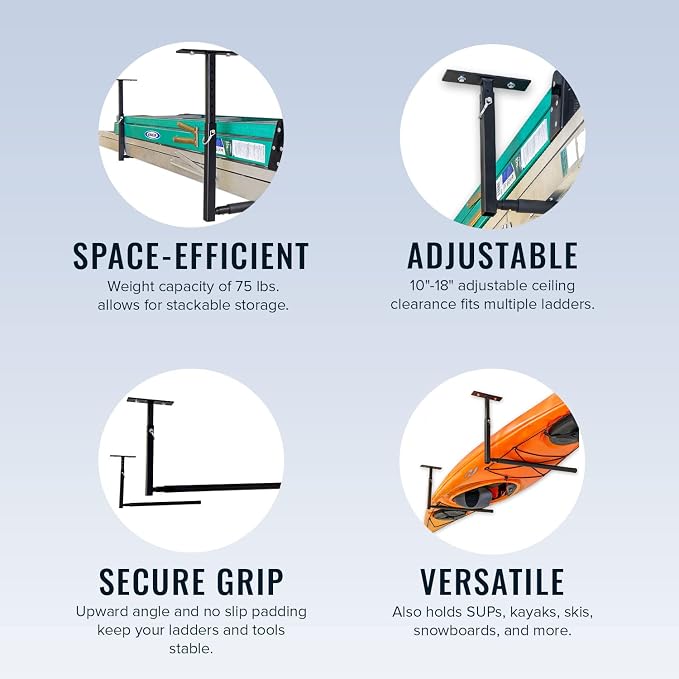 StoreYourBoard Adjustable Ceiling Rack – Hi Port 2 Garage Ceiling Ladder Hanger - Image 5