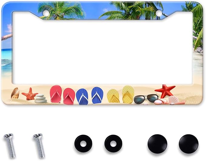 Beach Flip Flops License Plate Frame, Ocean Beach Vacation Scene License Plate by MIXWIT