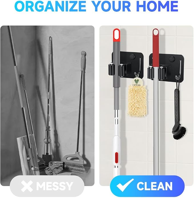 2-Pack Broom Holder with Heavy Duty Hooks, Upgraded Stainless Steel Mop Hanger. - Image 3