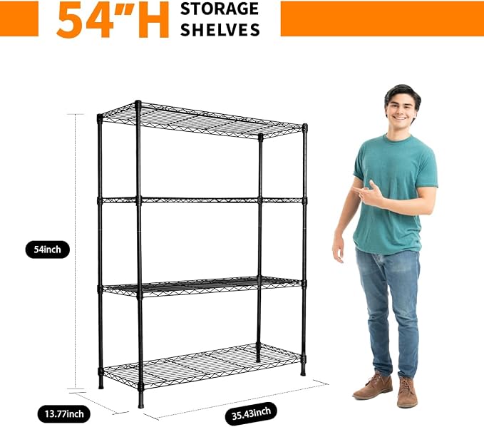Heavy-Duty Black 4 Tiers Steel 36x14x54 Wire Shelving NSF Certified. Adjustable - Image 3
