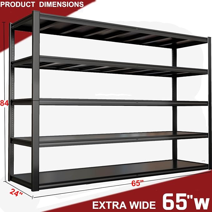 65" W Garage Shelving Heavy Duty, Adjustable 5 Tier Metal Shelves, Commercial - Image 2