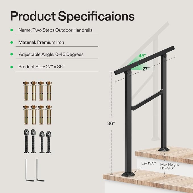 VIVOSUN Outdoor Handrail, 2 Step Stair Handrail, Wrought Mattle Iron Handrail - Image 8
