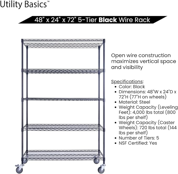 48"x24"x72" Black 5-Tier Premium Wire Shelving NSF 4000 LBS MAX Capacity Heavy - Image 5