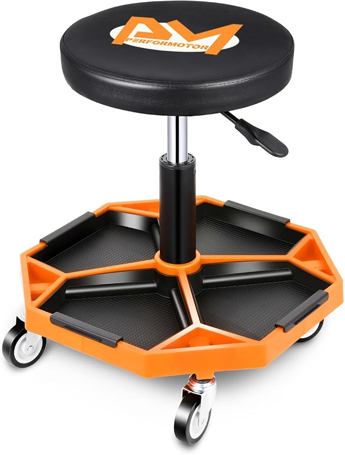 PM PERFORMOTOR Adjustable Height Pneumatic Garage Seat Rolling Mechanic Stool by PM+PERFORMOTOR