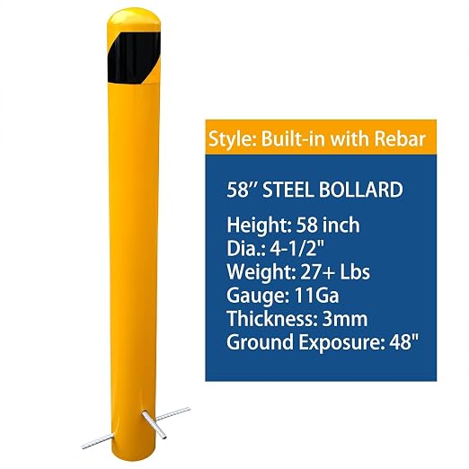 58" Pour in Place Steel Bollard Post, 4-1/2" OD Safety Bollard Yellow Powder - Image 2