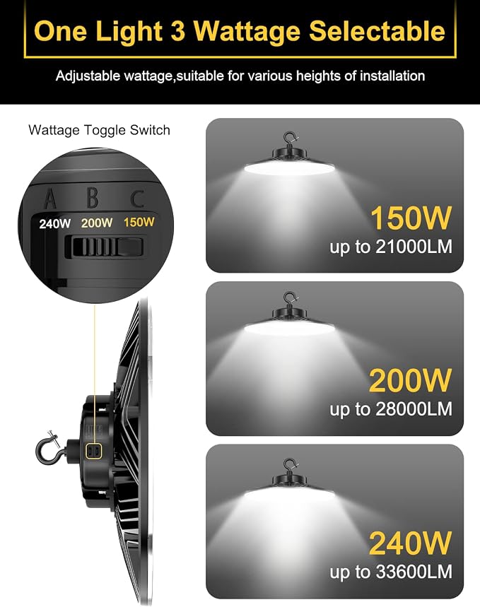 UFO LED High Bay Light, 240W/200W/150W Adjustable, UL & DLC Listed - Image 2