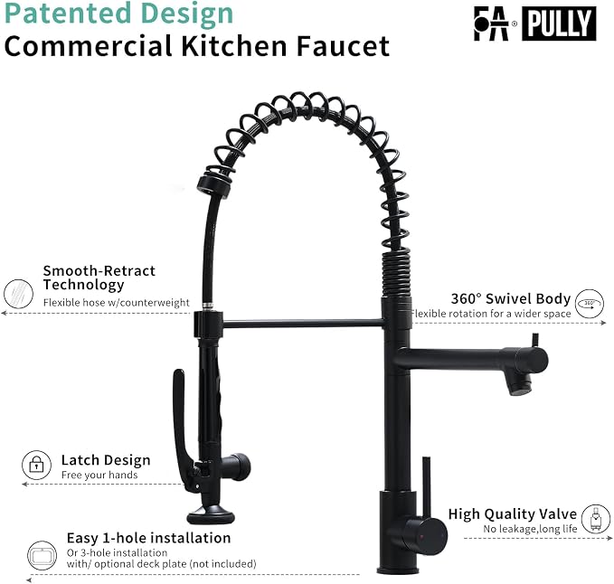 Fapully Black Kitchen Faucet, Commercial Pull Down Kitchen Sink Faucet - Image 7