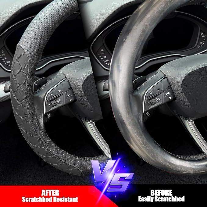 LKWLIKEI Nappa Leather Steering Wheel Cover, Elegant Diamond Checkered Design - Image 5