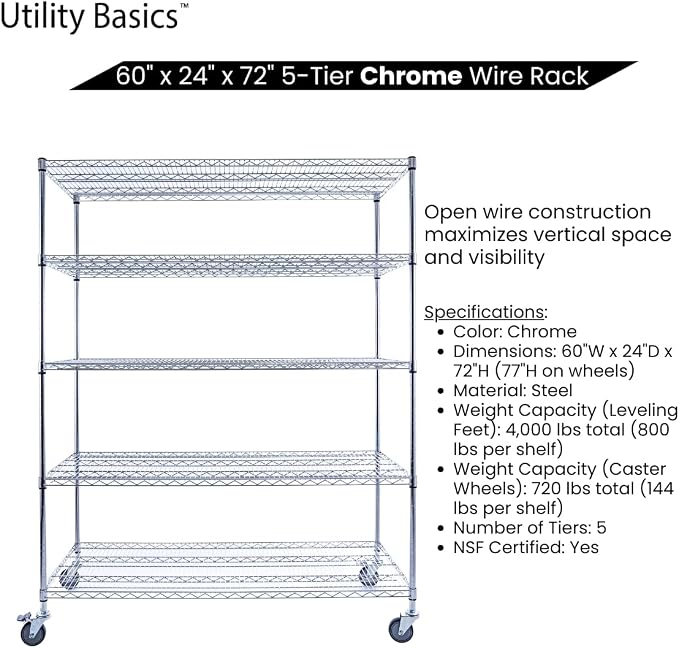 60"x24"x72" Chrome 5-Tier PREMIUM Wire Shelving NSF 4000 LBS MAX CAPACITY Heavy - Image 5