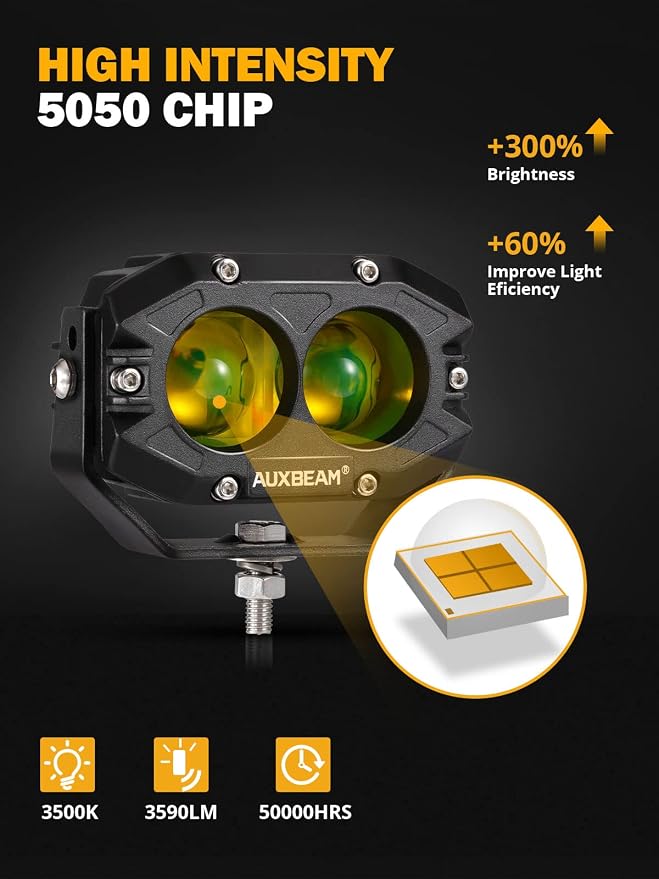 Auxbeam 4 Inch Amber Fog Light, 60W Square Pod - Image 3