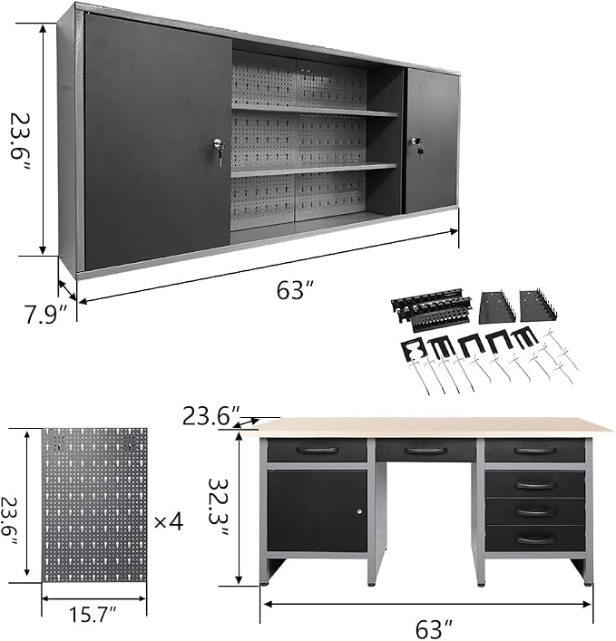JZD Metal Storage Organization System, Wall Mount Tool Cabinet, Wood Tabletop - Image 3