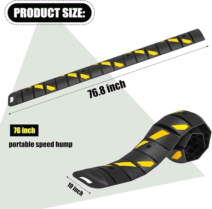 76"x10"x 2" Portable Rubber Speed Bump Reflective Yellow-Black, Quick to fold - Image 2