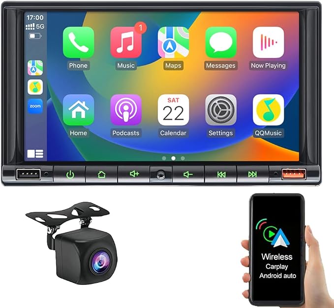7" Wireless Double 2 Din Car Stereo Apple Carplay Radio Screen by Zeminba