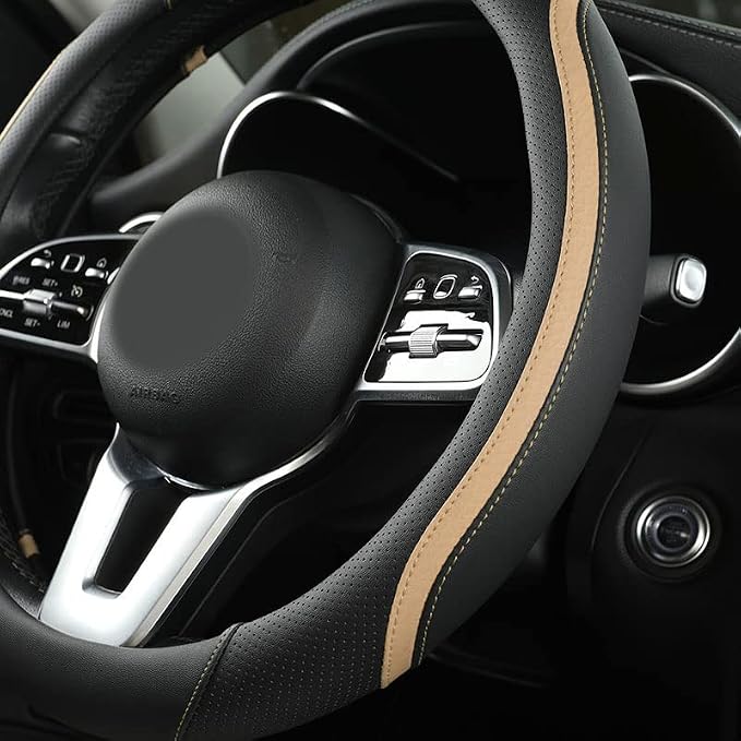 Car Steering Wheel Cover, Leather Steering Wheel Cover Beige Universal 14.5-15 - Image 3