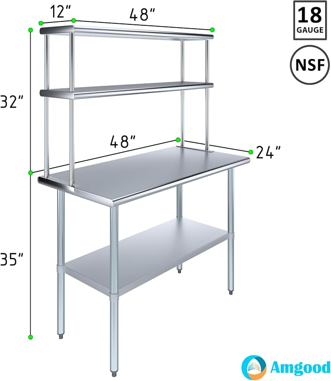 Amgood Stainless Steel Work Table Wide Double Tier Overshelf | NSF | Metal - Image 3