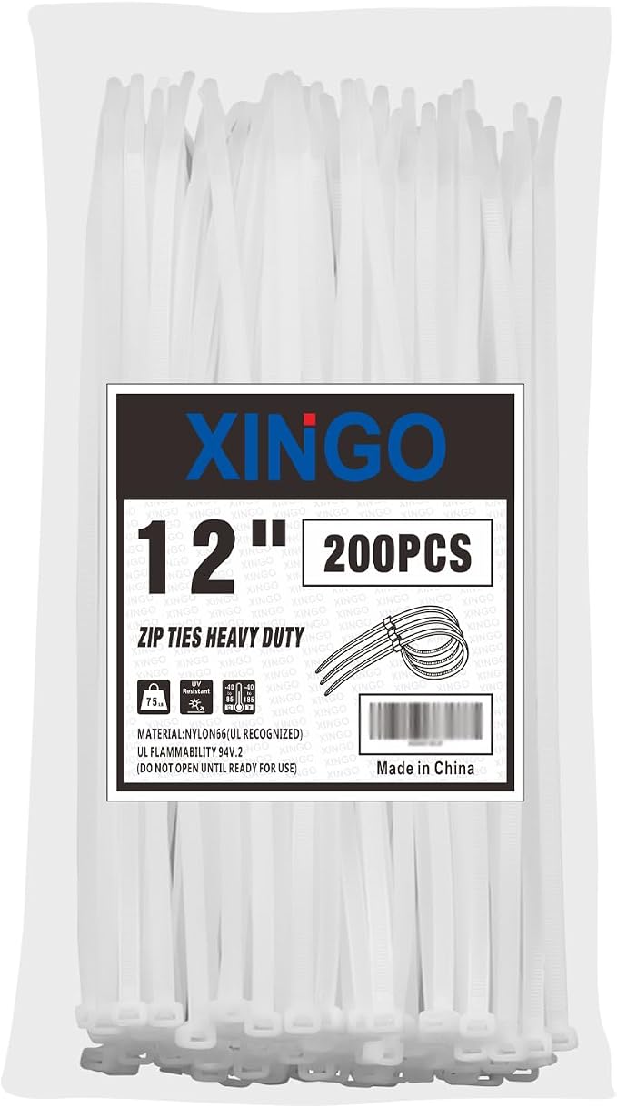 XINGO 12 Inch White Zip Ties 200 PCS, 75 LBS Ultra Strong Tensile Strength by XINGO