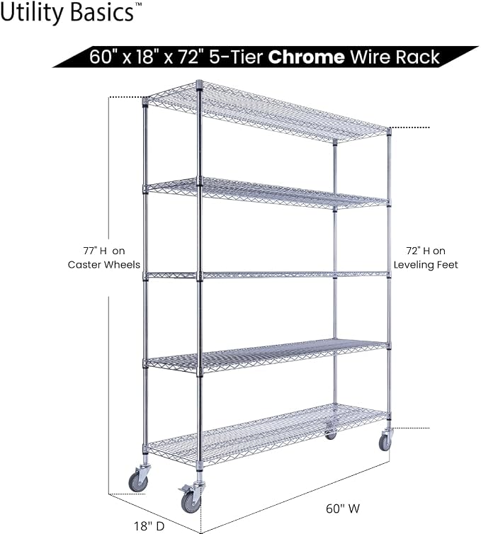 60"x18"x72" Chrome 5-Tier PREMIUM Wire Shelving NSF 4000 LBS MAX CAPACITY Heavy - Image 7