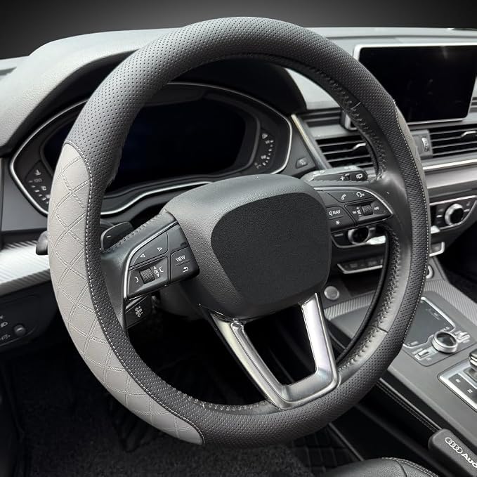 LKWLIKEI Nappa Leather Steering Wheel Cover, Elegant Diamond Checkered Design - Image 6