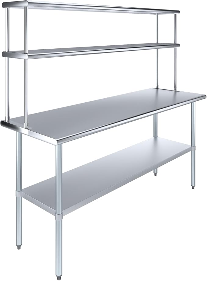 Amgood Stainless Steel Work Table Double Tier Overshelf | Metal Kitchen Prep by AmGood