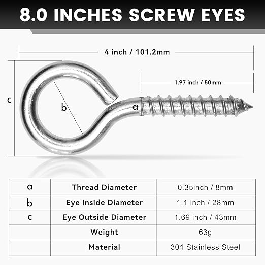 8Pcs Self Tapping Eyelet Screw Eye Bolt，4 Inch Heavy Duty Screw Eyes Hooks ，M8 - Image 2