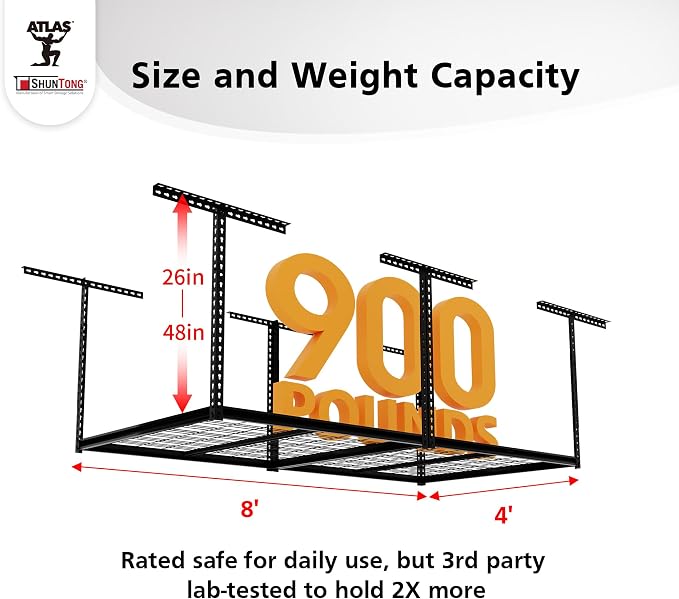 The Atlas 4 x 8 ft Adjustable Height Overhead Garage Storage Rack 900 lbs Heavy - Image 2