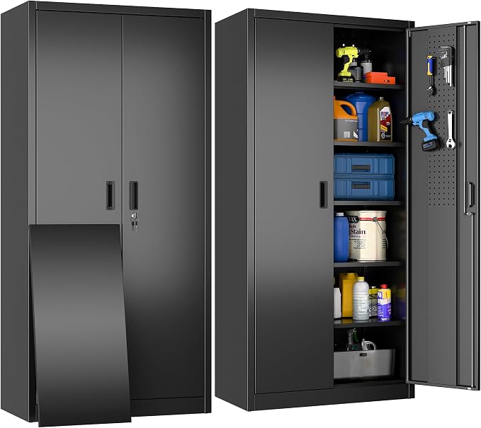 Metal Storage Cabinet with Pegboard 71'' x 34'' x 18'', Lockable Steel Storage by SUXXANFurniture