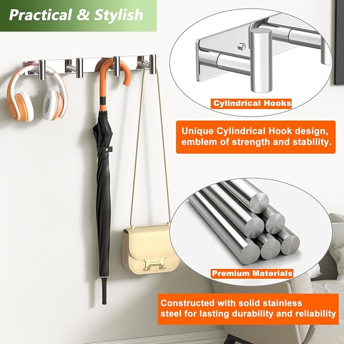 Wall Mounted Coat Rack-4 Hooks, Heavy Duty Stainless Steel Hook Rail - Image 3