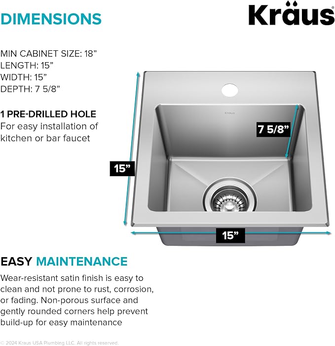 KRAUS Fairlane 15-inch Drop In/Top Mount Single Bowl 18-Gauge Stainless Steel - Image 9