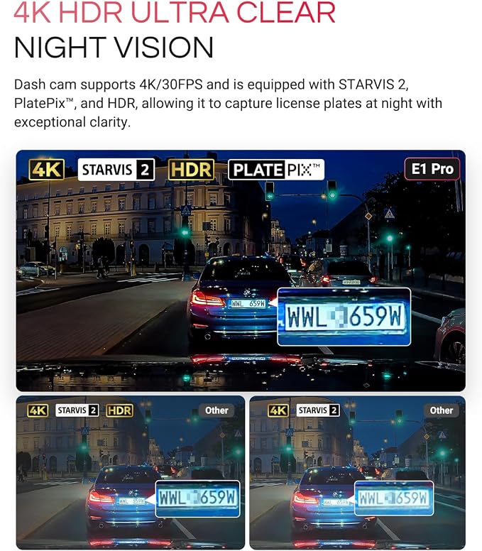 Vantrue E1 Pro 4K Mini Dash Cam Front, STARVIS 2 PlatePix HDR Night Vision Car - Image 3