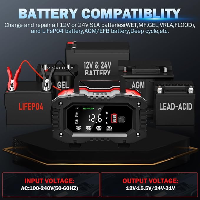 20-Amp Car Battery Charger, 12V/20A and 24V/10A LiFePO4, Lead-Acid Automatic - Image 2