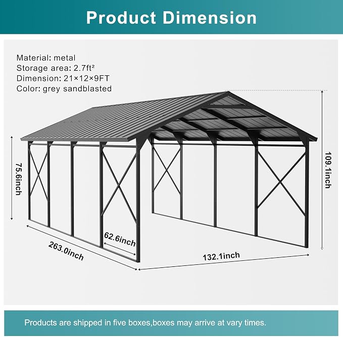 Kullavik 22x12x10 FT Metal Carport, Heavy Duty Carport Canopy - Image 5