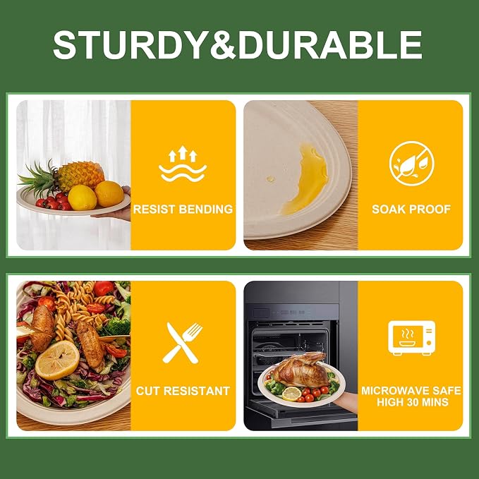 WELLIFE 100% Compostable Oval Paper Plates 12 Inch, Biodegradable Bagasse - Image 3
