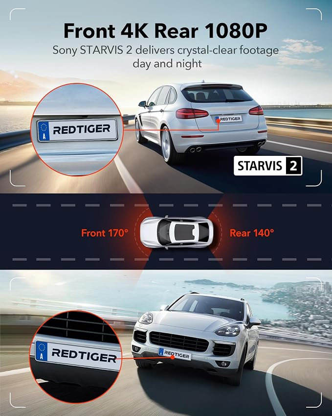 REDTIGER 4K Dash Cam Front and Rear, STARVIS 2 Sensor, Touch Screen 3.18" - Image 2