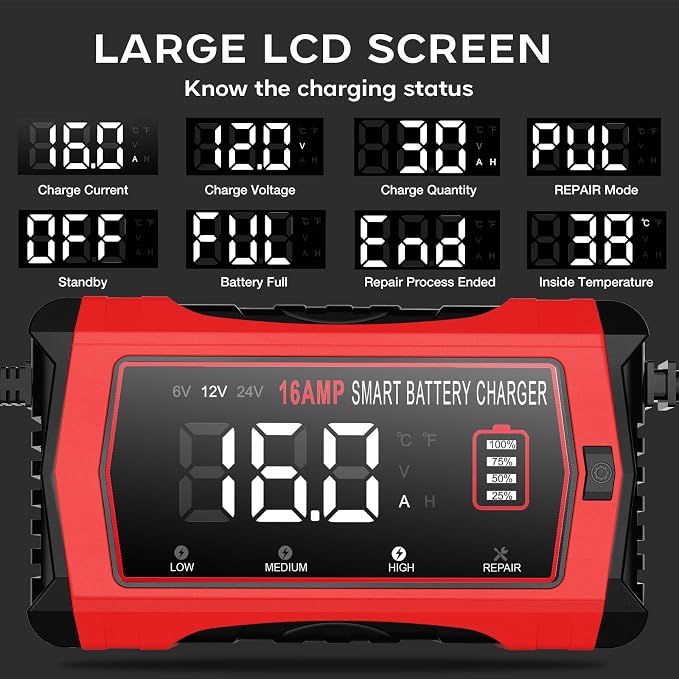 16-Amp 24V/12V/6V Portable Car Battery Charger, Smart LiFePO4 Lithium Lead-Acid - Image 3