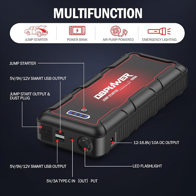 DBPOWER Jump Starter 4000A Peak 88.8Wh Portable Car Jump Starter 12V Auto - Image 5